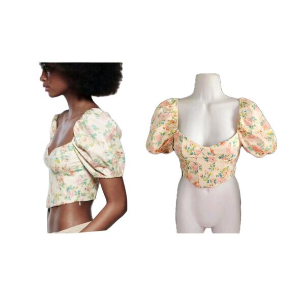 Zara Tops - Zara Floral Corset Boning Bustier Puff Sleeve Smocked Crop Top Size XS